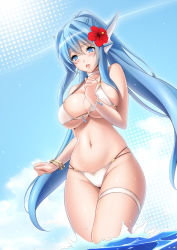Rule 34 | 1girl, bangle, bikini, blue eyes, blue hair, blue sky, blush, bracelet, breasts, choker, cleavage, clenched hand, cloud, curvy, day, fins, flower, groin, hair between eyes, hair flower, hair ornament, halftone, head fins, hibiscus, high ponytail, jewelry, large breasts, lintanghaseo, long hair, lots of jewelry, matching hair/eyes, navel, open mouth, original, outdoors, ponytail, shiny skin, sidelocks, skindentation, sky, soaking feet, solo, split ponytail, sunlight, swimsuit, thigh strap, underboob, very long hair, wading, water, white bikini, wide hips