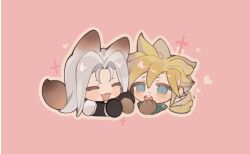 Rule 34 | 2boys, @ @, animal ears, animal hands, armor, black gloves, blonde hair, blue eyes, blush stickers, chibi, closed eyes, cloud strife, couple, covering own mouth, crisis core final fantasy vii, cropped shoulders, cropped torso, dog boy, dog ears, dog tail, fang, final fantasy, final fantasy vii, fox boy, fox ears, fox tail, gloves, green scarf, grey hair, hand over own mouth, happy, heart, holding hands, long bangs, long hair, long sleeves, male focus, maomaoyu, multiple boys, open mouth, parted bangs, pauldrons, pink background, scarf, sephiroth, short hair, shoulder armor, smile, sparkle, spiked hair, tail, tail wagging, upper body, yaoi