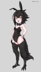 Rule 34 | 1girl, :3, :d, animal ears, animal feet, bare shoulders, black bow, black bowtie, black hair, black hairband, black leotard, bow, bowtie, breasts, covered navel, detached collar, fake animal ears, fang, grey background, hair between eyes, hairband, hands on own hips, leotard, looking at viewer, medium hair, nyifu, open mouth, original, playboy bunny, rabbit ears, simple background, small breasts, smile, solo, standing, strapless, strapless leotard, tail, twitter username, wrist cuffs, yellow eyes