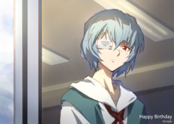 Rule 34 | 1girl, ayanami rei, blue hair, breasts, english text, expressionless, eyepatch, highres, neon genesis evangelion, red eyes, red ribbon, ribbon, school uniform, shirt, short hair, short sleeves, skaijang, small breasts, solo, tokyo-3 middle school uniform, upper body
