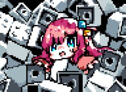 Rule 34 | 1girl, blue eyes, bocchi the rock!, downvote (downvote me), gotoh hitori, lego brick, looking at viewer, lowres, medium hair, mini person, minigirl, open mouth, pink hair, pink track suit, pixel art, solo