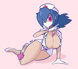 Rule 34 | 1girl, bandage over eye, between breasts, blue hair, breasts, eyepatch, gloves, hat, highres, large breasts, leg wrap, lying, mask, mouth mask, nurse cap, on side, pink background, ponytail, red eyes, sitting, skullgirls, solo, surgical mask, thermometer, valentine (skullgirls)