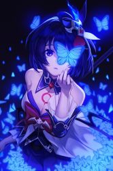 Rule 34 | 1girl, bai lan gen(1845106313), bare shoulders, black hair, blue butterfly, blue eyes, blue hair, breasts, bug, butterfly, detached collar, detached sleeves, dress, hair ornament, honkai (series), honkai impact 3rd, insect, looking at viewer, medium breasts, medium hair, multicolored hair, parted lips, seele vollerei, seele vollerei (swallowtail phantasm), solo, tattoo, two-tone hair, upper body