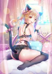 Rule 34 | 1boy, androgynous, animal ears, ass, bare shoulders, bed, blush, bra, cat ears, cat lingerie, cat tail, crossdressing, feet, from behind, full body, garter straps, highres, lingerie, long hair, looking at viewer, looking back, male focus, meme attire, natsusora wakana, no shoes, novady, open mouth, orange eyes, orange hair, original, panties, paw pose, pillow, ponytail, shiny skin, sitting, smile, solo, tail, thighhighs, trap, underwear, wariza