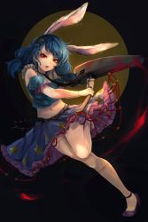 Rule 34 | 1girl, animal ears, belt, black necktie, blood, bloody weapon, blue hair, blue skirt, crescent, crescent hair ornament, crescent print, dark background, earclip, flats, frilled skirt, frills, full body, hair ornament, highres, holding, holding mallet, kyogoku-uru, long hair, looking at viewer, mallet, midriff, navel, necktie, open mouth, rabbit ears, red eyes, seiran (touhou), skirt, solo, star (symbol), star print, stomach, touhou, weapon
