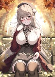 Rule 34 | 1girl, autumn leaves, bench, book, breasts, glasses, grey hat, hat, highres, holding, holding book, large breasts, leaf, long hair, looking at viewer, open book, original, sitting, tomoo (tomo)
