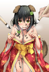 Rule 34 | 1girl, animal ears, areola slip, black hair, blush, body writing, breasts, breath, butterfly hair ornament, chain, chain leash, chinese zodiac, clover, clover hair ornament, collar, dog ears, dog tail, four-leaf clover, green eyes, hair between eyes, hair ornament, hairclip, heavy breathing, highres, hitoi, japanese clothes, kimono, large breasts, leash, long hair, looking at viewer, natsume konoha, no panties, obi, off shoulder, open clothes, open kimono, open mouth, original, paintbrush, paw pose, pussy juice, red kimono, sash, short hair, smile, solo focus, sweat, sweatdrop, tail, wide sleeves, year of the dog
