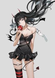 Rule 34 | 1girl, animal, apple, arm behind back, bare arms, bare shoulders, black dress, black hair, black nails, blue eyes, bow, breasts, cleavage, collarbone, commentary, demon tail, dress, floating hair, food, fruit, gompang, grey background, grey bow, hand up, heart o-ring, highres, holding, holding food, holding fruit, horns, long hair, looking at viewer, medium breasts, mole, mole on breast, nail polish, original, simple background, single thighhigh, solo, squirrel, strap slip, striped clothes, striped thighhighs, tail, thigh strap, thighhighs, torn clothes
