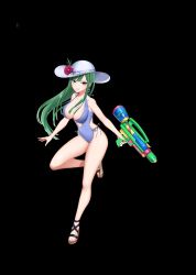 Rule 34 | 1girl, bisca mulan, breasts, cleavage, fairy tail, green hair, hat, highres, large breasts, long hair, solo, swimsuit