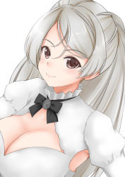 Rule 34 | 1girl, blush, breasts, brown eyes, cleavage, cleavage cutout, closed mouth, clothing cutout, conte di cavour (kancolle), dress, highres, kantai collection, koru pera, large breasts, long hair, long sleeves, simple background, smile, solo, two side up, upper body, white background, white dress, white hair