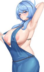 Rule 34 | 1girl, absurdres, ako (blue archive), ako (dress) (blue archive), areola slip, armpits, backless dress, backless outfit, blue archive, blue eyes, breasts, dress, highres, huge breasts, large nipples, nipples, puffy nipples, sharen, solo, white background