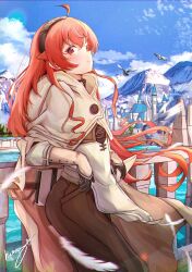 Rule 34 | 1girl, absurdres, ahoge, bird, black hairband, cape, crossed bangs, eris greyrat, eyes visible through hair, falling feathers, feathers, gloves, hair between eyes, hairband, highres, humany, long hair, mushoku tensei, outdoors, red eyes, red hair, revision, solo