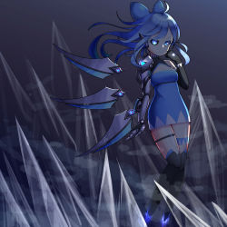Rule 34 | 1girl, absurdres, ahoge, alternate hair length, alternate hairstyle, artificial eye, black sclera, blue eyes, blue hair, cirno, colored sclera, cyborg, dress, elbow gloves, full body, gloves, gozas99, hair ribbon, highres, ice, long hair, looking at viewer, mechanical ears, mechanical eye, mechanical wings, mismatched sclera, no feet, over-kneehighs, prosthesis, prosthetic arm, ribbon, solo, thigh strap, thighhighs, touhou, wings