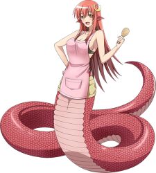 Rule 34 | 1girl, apron, artist request, breasts, cleavage, facial mark, game cg, hair between eyes, hair ornament, hairclip, holding, holding spoon, lamia, large breasts, long hair, looking at viewer, miia (monster musume), monster girl, monster musume no iru nichijou, monster musume no iru nichijou online, non-web source, official alternate costume, official art, open mouth, pink apron, pointy ears, red scales, scales, slit pupils, solo, spoon, transparent background, yellow eyes