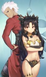 Rule 34 | 1boy, 1girl, archer (fate), back-to-back, black hair, black ribbon, blush, breasts, brown eyes, cleavage, collarbone, commentary request, crossed arms, dark-skinned male, dark skin, earrings, fate/grand order, fate (series), hair ribbon, hand on own hip, hoop earrings, ishtar (fate), jewelry, long hair, looking back, midriff, navel, pinta (ayashii bochi), red eyes, ribbon, small breasts, smile, thighhighs, tiara, two side up, white hair