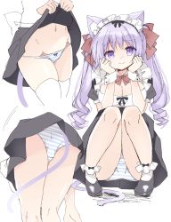 Rule 34 | 1girl, animal ear fluff, animal ears, black dress, bow, bow panties, breasts, cat ears, cat girl, cat tail, cleavage, closed mouth, clothes lift, dress, dress lift, groin, hair bow, highres, lifting own clothes, long hair, maid, maid headdress, multiple girls, multiple views, navel, original, panties, pleated dress, puffy short sleeves, puffy sleeves, purinpurin, purple eyes, purple hair, red bow, ringlets, short sleeves, squatting, striped clothes, striped panties, tail, twintails, underwear, very long hair, white background