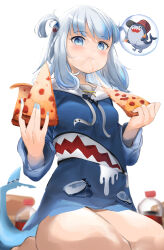 Rule 34 | 1girl, absurdres, bare legs, barefoot, blue eyes, bottle, drawstring, fins, fish tail, food, gawr gura, highres, holding, holding food, holding pizza, hololive, hololive english, looking at viewer, pepperoni, pizza, pizza slice, shark girl, shark tail, simple background, solo, somray, tail, virtual youtuber, white background