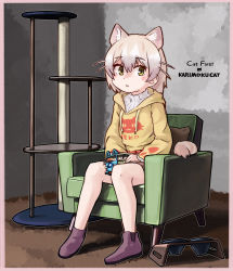 Rule 34 | animal ears, boots, brown footwear, brown skirt, casual, cat (kemono friends), cat day, cat ears, cat girl, cat tail, cat tower, chair, commentary request, highres, hood, hood down, hoodie, japari symbol, kemono friends, kemono friends 3, light brown hair, long sleeves, multicolored hair, official alternate costume, plaid, plaid skirt, pleated skirt, short hair, sitting, skirt, solo, sweater, tail, toriny, turtleneck, white hair, white sweater, yellow eyes, yellow hoodie