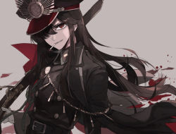 Rule 34 | 1girl, belt, black belt, black coat, black jacket, brown hair, buttons, cigarette, coat, double-breasted, ebanoniwa, fate/grand order, fate (series), grey background, grin, gun, hair over one eye, hat, holding, holding gun, holding weapon, jacket, long hair, long sleeves, looking at viewer, mouth hold, musket, negative space, oda nobunaga (fate), oda nobunaga (koha-ace), one eye covered, open clothes, open coat, peaked cap, red eyes, simple background, smile, smoking, solo, upper body, weapon