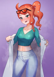 Rule 34 | 1girl, blue pants, blush, breasts, collarbone, contrapposto, creatures (company), crop top, emor18 shikeko, eyewear on head, game freak, green eyes, hair ornament, heart, heart hair ornament, highres, lab coat, long hair, long sleeves, looking at viewer, medium breasts, midriff, navel, nintendo, nose blush, open mouth, orange hair, pants, pokemon, pokemon swsh, ribbed sweater, side ponytail, solo, sonia (pokemon), steam, steaming body, sunglasses, sweat, sweater, undressing