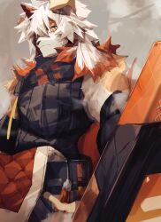 Rule 34 | 1boy, ankoro mochi, arknights, black gloves, black shirt, colored tips, commentary, furry, furry male, gloves, highres, holding, holding shield, horns, hung (arknights), komainu boy, komainu ears, komainu tail, looking at viewer, male focus, multicolored hair, shield, shirt, single horn, sleeveless, sleeveless shirt, yellow eyes