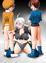 Rule 34 | 1girl, 2boys, age difference, angel (kof), bad source, bao (kof), blush, boots, breasts, brown hair, chaps, chinese clothes, chris (kof), cleavage, covered erect nipples, crop top, cropped jacket, cum, cum in mouth, cum on body, cum on breasts, cum on upper body, double handjob, facial, fingerless gloves, gloved handjob, gloves, hair over eyes, hair over one eye, handjob, hat, hetero, jacket, jewelry, large breasts, leather, leather jacket, midriff, mokkouyou bond, multiple boys, navel, necklace, no pants, onee-shota, open mouth, panties, penis, red hair, short hair, smile, snk, sweat, tears, the king of fighters, toned, underwear, white hair