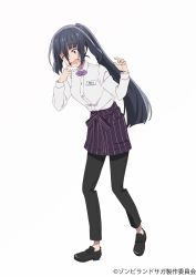 Rule 34 | 1girl, absurdres, bandages, black footwear, black hair, black pants, bow, bowtie, commentary request, drooling, full body, high ponytail, highres, long hair, no socks, official art, open mouth, pants, red eyes, shirt, solo, very long hair, waitress, white background, white shirt, yamada tae, zombie land saga