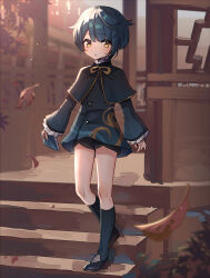 Rule 34 | 1boy, aged down, blue hair, child, chinese clothes, full body, genshin impact, highres, male focus, outdoors, rojione, short hair, shorts, solo, stairs, thighs, xingqiu (genshin impact), yellow eyes