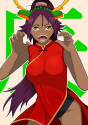 Rule 34 | 1girl, absurdres, bleach, breasts, chinese zodiac, claw pose, dark-skinned female, dark skin, dragon horns, fake horns, female focus, hairband, highres, horns, large breasts, new year, open mouth, purple hair, shihouin yoruichi, solo, tongue, year of the dragon
