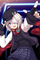 Rule 34 | 1girl, ahoge, bad id, bad twitter id, black gloves, black hat, black jacket, black pantyhose, blue eyes, blush, character request, commission, copyright request, disco brando, fingerless gloves, gloves, hair over one eye, hat, highres, jacket, long sleeves, looking at viewer, open mouth, pantyhose, red scarf, scarf, short hair, skirt, smile, solo, white hair