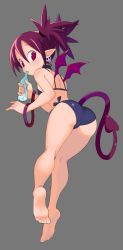 Rule 34 | 1girl, ass, barefoot, bikini, bracelet, demon girl, demon tail, demon wings, disgaea, earrings, etna (disgaea), feet, flowers-imh, from behind, full body, grey background, highres, jewelry, looking at viewer, looking back, pointy ears, purple hair, simple background, skull earrings, soles, solo, swimsuit, tail, toes, twintails, wings