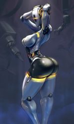 Rule 34 | 1girl, arms up, ass, bald, breasts, cutesexyrobutts, glados, highres, joints, large breasts, machinery, neon trim, no nipples, one-eyed, personification, portal, portal (series), portal 1, portal 2, robot, robot joints, solo, yellow eyes