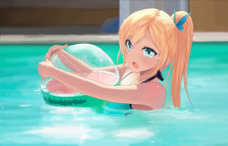 Rule 34 | 1girl, absurdres, alternate hairstyle, ball, beachball, blonde hair, blue eyes, blush, boku wa tomodachi ga sukunai, breasts, butterfly hair ornament, hair ornament, highres, holding, holding ball, kashiwazaki sena, large breasts, long hair, looking at viewer, luncer, open mouth, partially submerged, ponytail, pool, solo, swimsuit
