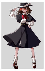 Rule 34 | 1girl, belt, black capelet, black footwear, black skirt, bob cut, bobby socks, bow, bowtie, brown eyes, brown hair, capelet, fedora, full body, grey background, hand on own hip, hat, hat bow, highres, long sleeves, looking at viewer, miko (miko030751), one-hour drawing challenge, one eye closed, red bow, red bowtie, shirt, short hair, simple background, skirt, socks, solo, touhou, usami renko, white bow, white shirt, white socks
