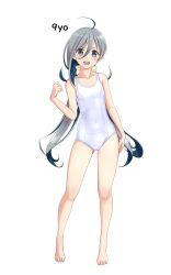 Rule 34 | 1girl, absurdres, ahoge, bare shoulders, barefoot, collarbone, commentary request, covered navel, flat chest, full body, grey eyes, grey hair, hair between eyes, highres, kantai collection, kiyoshimo (kancolle), long hair, low twintails, new school swimsuit, one-piece swimsuit, open mouth, round teeth, school swimsuit, simple background, solo, swimsuit, takafumi, teeth, twintails, upper teeth only, variant set, very long hair, white background, white one-piece swimsuit