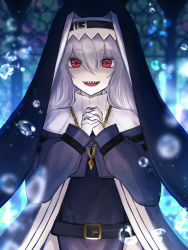 Rule 34 | 1girl, :d, arknights, belt, black belt, black capelet, black dress, black headwear, capelet, commentary, dress, habit, hair between eyes, hands up, highres, interlocked fingers, jewelry, long hair, long sleeves, looking at viewer, mayuchi427, necklace, nun, off-shoulder dress, off shoulder, open mouth, own hands clasped, own hands together, red eyes, sharp teeth, silver hair, smile, solo, specter (arknights), teeth, upper body, upper teeth only, water drop