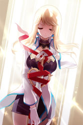 Rule 34 | asymmetrical bangs, blonde hair, closed eyes, detached collar, earrings, expressionless, gloves, glowing, heart, holding, jacket, jewelry, long hair, lowres, military, military uniform, ribbon, rose pacifica, skirt, solo, sword, sword girls, thorns, uniform, weapon