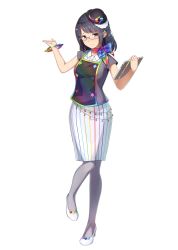 Rule 34 | 1girl, absurdres, black hair, bracelet, full body, glasses, grey pantyhose, hat, highres, holding, jewelry, multicolored eyes, pantyhose, pencil skirt, rainbow order, short hair, short sleeves, skirt, solo, striped, tablet pc, transparent background, vertical stripes