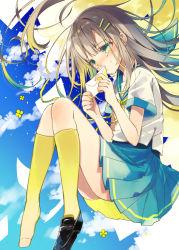 Rule 34 | 1girl, aqua skirt, black footwear, blue sky, blush, brown hair, closed mouth, cloud, cloudy sky, day, floating hair, from side, green eyes, hair ornament, hairclip, hands up, holding, holding letter, kneehighs, letter, light brown hair, loafers, original, oshioshio, outdoors, pleated skirt, school uniform, serafuku, shoes, short sleeves, single shoe, skirt, sky, socks, solo, tears, yellow socks