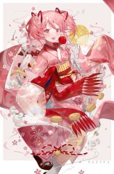 Rule 34 | 1girl, :d, absurdres, alternate costume, border, branch, brown background, candy apple, cherry blossoms, falling flower, floral print, floral print kimono, flower, food, foot out of frame, gloves, hair flower, hair ornament, hair ribbon, highres, holding, holding food, japanese clothes, kaname madoka, kaname madoka (haregi ver.), kimono, lace, lace gloves, looking at viewer, magia record: mahou shoujo madoka magica gaiden, mahou shoujo madoka magica, mahou shoujo madoka magica (anime), obi, obiage, obijime, okobo, open mouth, outside border, pink eyes, pink hair, pink kimono, ribbon, sandals, sash, sheyi (xinjinjumin834434306869), short hair, short twintails, smile, solo, twintails, white border, white gloves