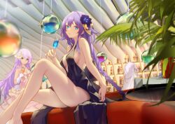Rule 34 | 3girls, absurdres, backless dress, backless outfit, bare arms, bare legs, bare shoulders, black heart (neptunia), blue eyes, braid, breasts, cleavage, cup, dress, drink, drinking glass, elbow gloves, flower, frilled dress, frills, glass, gloves, gown, hair flower, hair ornament, highres, long hair, looking at viewer, looking back, medium breasts, multiple girls, neptune (series), pink hair, purple hair, purple heart (neptunia), purple sister, rein yukimatsu, ribbon, siblings, sideboob, sitting, symbol-shaped pupils, twin braids, very long hair, wine glass
