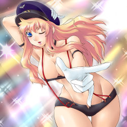 Rule 34 | 00s, 1girl, blonde hair, blue eyes, breasts, choker, cleavage, foreshortening, gloves, groin, hat, hip focus, large breasts, long hair, macross, macross frontier, one eye closed, peaked cap, pointing, sheryl nome, short shorts, shorts, solo, sparkle, strapless, suspenders, thigh gap, thighs, tube top, wide hips, wink, yaso shigeru, zoom layer