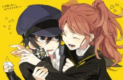Rule 34 | &gt; &lt;, 1boy, 2girls, :d, androgynous, atlus, bad drawr id, bad id, black eyes, bleached hair, blue eyes, blue hair, blush, cabbie hat, closed eyes, delinquent, detective, embarrassed, hat, heart, hug, idol, jacket, jacket on shoulders, jolly roger, kujikawa rise, long hair, long twintails, multiple girls, open mouth, persona, persona 4, red hair, reverse trap, school uniform, serafuku, shirogane naoto, short hair, simple background, smile, tatsumi kanji, translation request, twintails, wavy hair, webura, xd, yellow background, yuri