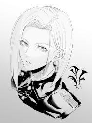 Rule 34 | 1girl, close-up, fate/type redline, forehead, highres, looking at viewer, major reiter, minami koyogi, mole, mole under mouth, monochrome, portrait, short hair