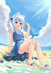 Rule 34 | 1girl, absurdres, animal ear fluff, animal ears, arm support, bare legs, beach, blue eyes, blue nails, blue skirt, blue sky, blunt bangs, blurry, blurry foreground, breasts, cat ears, cloud, cloudy sky, commentary, day, english commentary, feet, fins, fish tail, fpvjoe, frilled sleeves, frills, full body, gawr gura, gawr gura (casual), hair ornament, highres, holding, hololive, hololive english, knees up, leaning back, legs, looking at viewer, medium hair, multicolored hair, nail polish, official alternate costume, open mouth, outdoors, sandals, seashell, shark girl, shark tail, sharp teeth, shell, short sleeves, side ponytail, sidelocks, signature, skirt, sky, small breasts, solo, starfish, streaked hair, tail, teeth, thighs, toenail polish, toenails, toes, virtual youtuber, wet