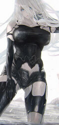 Rule 34 | 1girl, a2 (nier:automata), android, bare shoulders, black gloves, blue eyes, breasts, cropped legs, elbow gloves, gloves, highres, impossible clothes, impossible shirt, joints, large breasts, long hair, maeshima shigeki, nier:automata, nier (series), partially submerged, robot joints, shirt, short shorts, shorts, solo, standing, thighhighs, torn clothes, torn thighhighs, wet