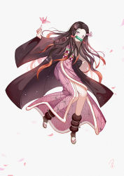 Rule 34 | 1girl, black hair, cherry blossoms, floating hair, full body, hair ribbon, index finger raised, japanese clothes, kamado nezuko, kimetsu no yaiba, kimono, long hair, long sleeves, multicolored hair, orange hair, origami, outstretched arms, paper crane, pink eyes, pink kimono, pink ribbon, print kimono, ribbon, s5705961, simple background, solo, two-tone hair, very long hair, white background, wide sleeves