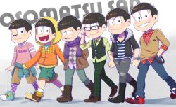 Rule 34 | 10s, 6+boys, :&gt;, :d, adjusting eyewear, ahoge, alternate costume, argyle, argyle clothes, argyle sweater vest, black hair, blush, boots, brothers, buttons, cargo pants, casual, clenched hand, clothes around waist, copyright name, denim, fur collar, glasses, half-closed eyes, hand in pocket, hands in pockets, hood, hoodie, jacket, jeans, jewelry, lineup, looking at viewer, male focus, matsuno choromatsu, matsuno ichimatsu, matsuno jyushimatsu, matsuno karamatsu, matsuno osomatsu, matsuno todomatsu, messy hair, multiple boys, necklace, necktie, one eye closed, open mouth, osomatsu-kun, osomatsu-san, outstretched hand, pants, plaid, plaid pants, pocket, riko (sorube), scarf, sextuplets, shirt, shoes, shorts, siblings, sleeves past wrists, smile, socks, striped clothes, striped shirt, sweater, sweater around waist, sweater vest, torn clothes, torn jeans, torn pants, v-neck, vest, walking, watch, wristwatch
