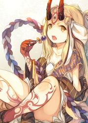 Rule 34 | 1girl, candy, chupa chups, collarbone, facial mark, fal maro, fangs, fate/grand order, fate (series), food, headgear, highres, holding, horns, ibaraki douji (fate), indian style, light brown hair, lollipop, long hair, looking at viewer, oni horns, open mouth, simple background, sitting, solo, tattoo, white background, yellow eyes