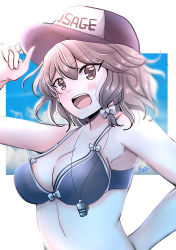 Rule 34 | 1girl, bikini, blush, breasts, brown eyes, brown hair, character name, clear sky, cleavage, clothes writing, hat, kuronon, lifeguard, looking at viewer, medium breasts, name in hat, open mouth, sky, smile, solo, summer, swimsuit, touhou, upper body, usami renko, whistle